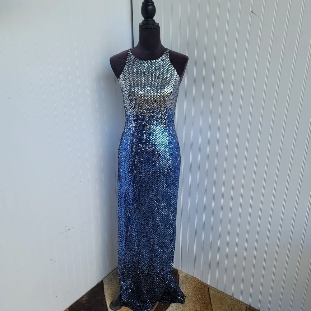 Cache Womens Sequin Blue Silver Maxi Formal Dress Prom Queen Slit Open Back Sz 4